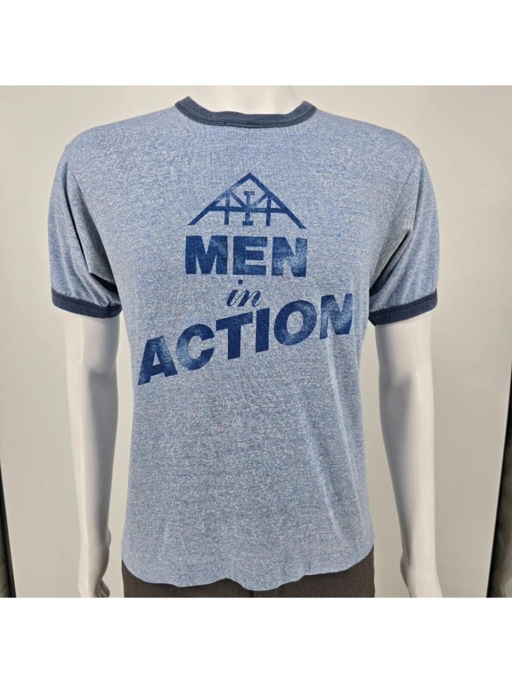 Vintage Late 1970s Early 1980s "Men in Action" Heather Blue Ringer T-Shirt (M)